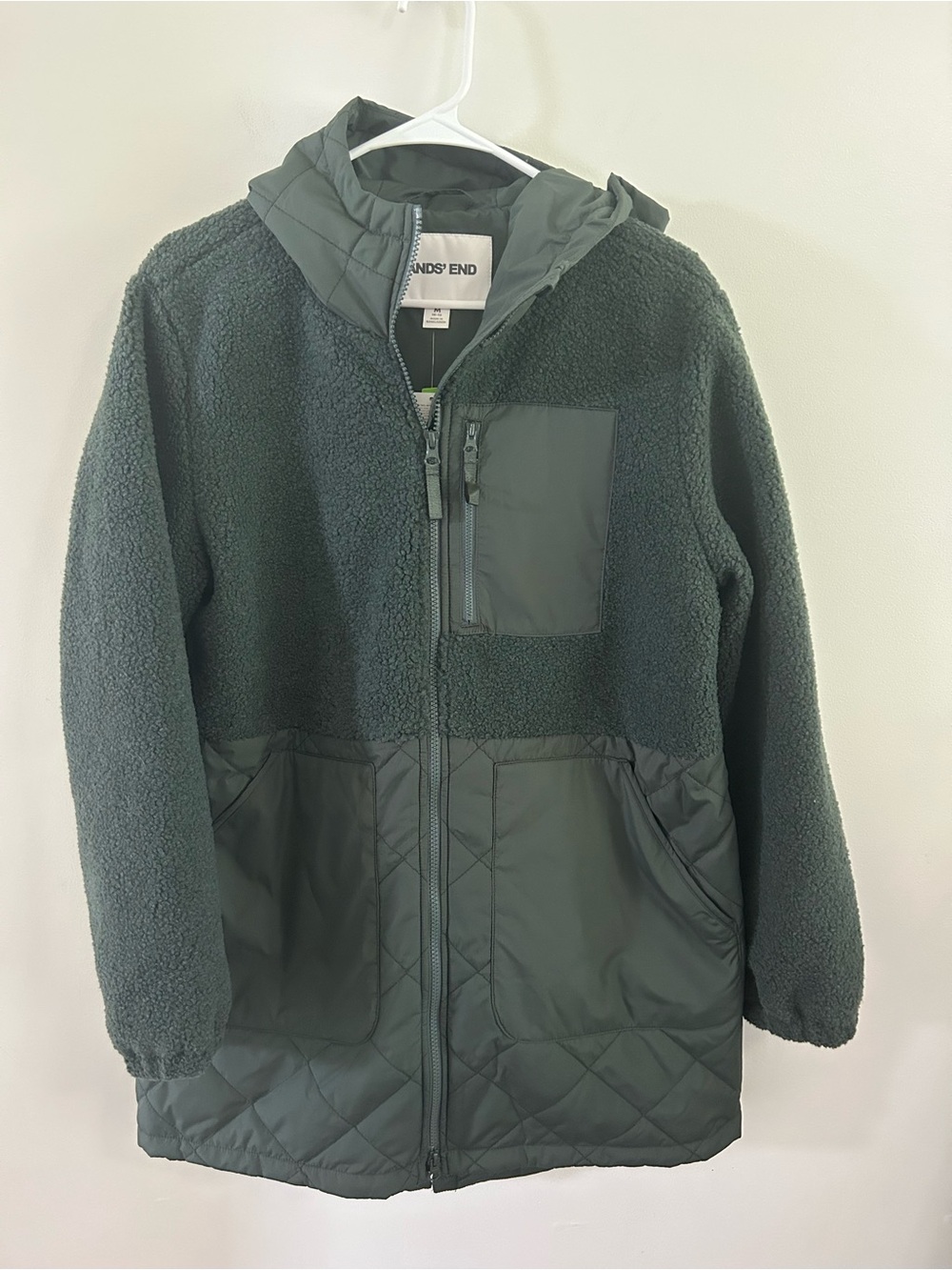 Lands End Womens M Sherpa Fleece Quilted Mixed Media Parka Jacket Green NWT Coat